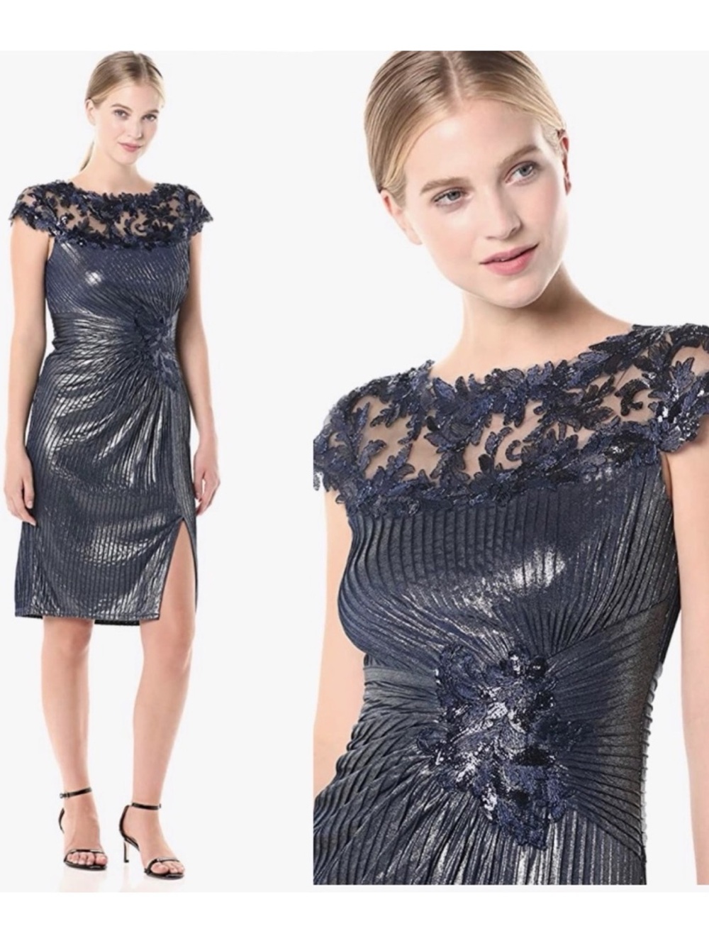 Tadashi Shoji pleated metallic dress with lace - Picture 2 of 16